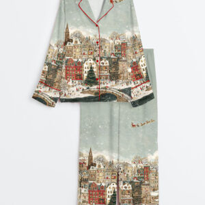 Women's Christmas Town Whimsical Winter Village Art Long Sleeve Satin Pajamas Set