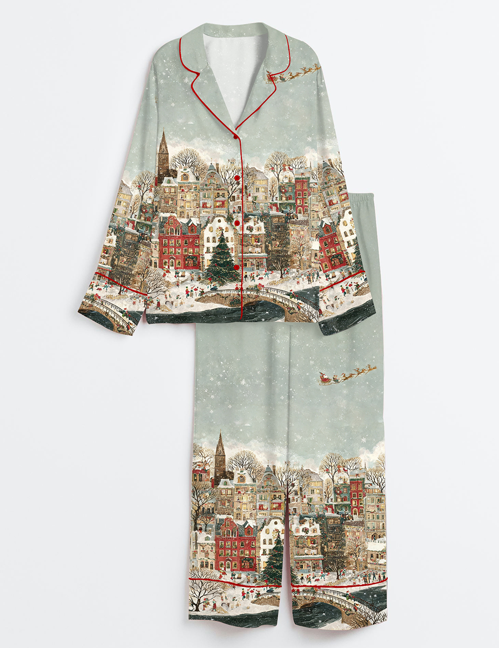 Women's Christmas Town Whimsical Winter Village Art Long Sleeve Satin Pajamas Set