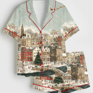 Women's Christmas Town Whimsical Winter Village Art Short Sleeve Satin Pajama Set