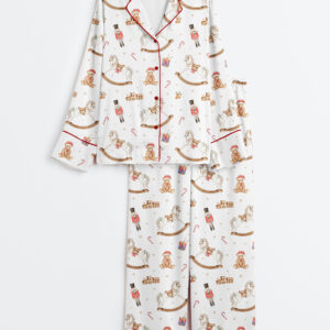 Women's Christmas Toy Horse Teddy Bear Christmas Nutcracker Drum Long Sleeve Satin Pajamas Set