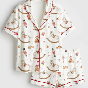 Womenâ€™s Christmas Toy Horse Teddy Bear Christmas Nutcracker Drum Short Sleeve Satin Pajama Set