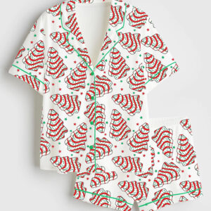 Women's Christmas Tree Cake Shorts Sleeve Satin Pajamas Set