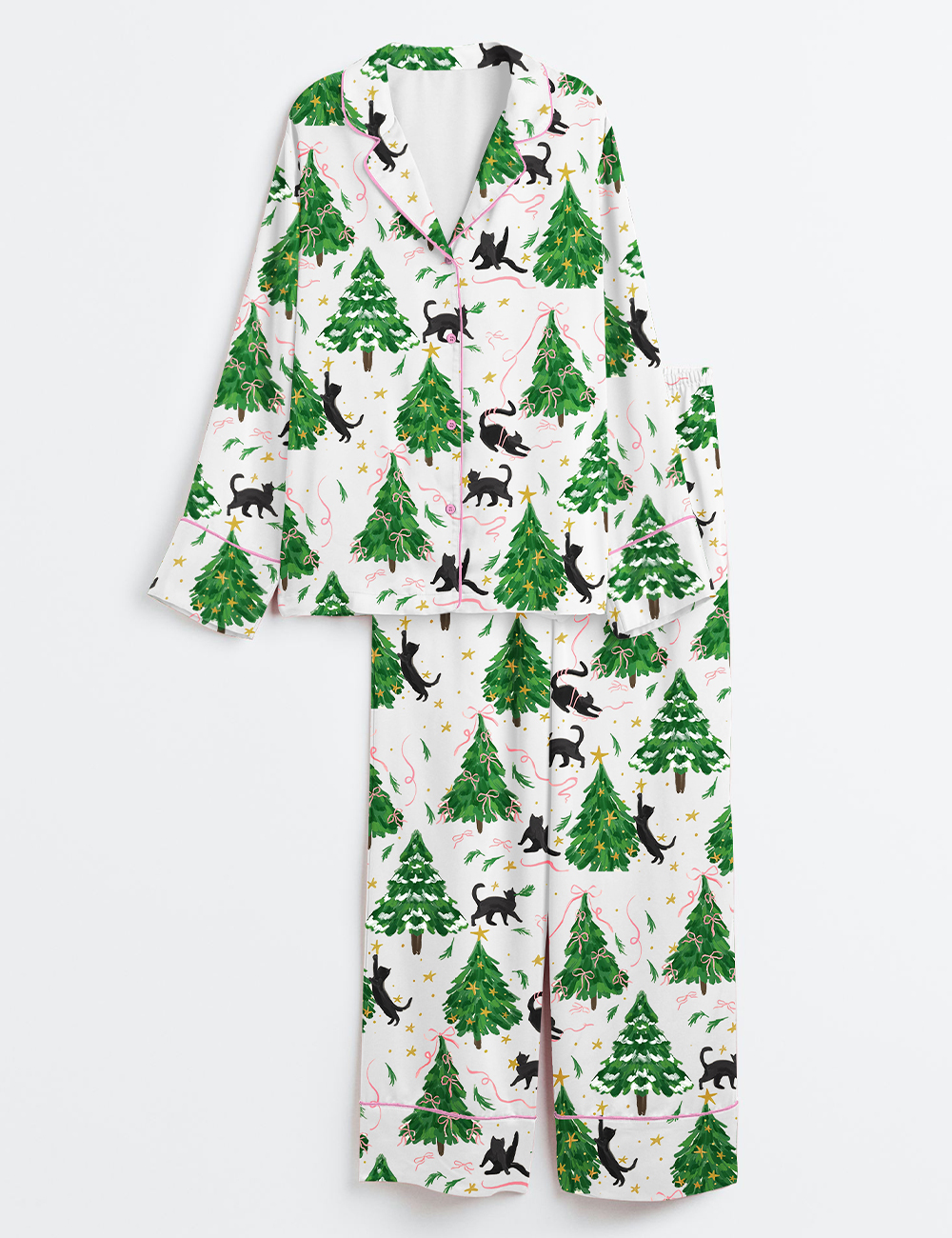 Women's Christmas Tree Cat Long Sleeve Satin Pajama Set