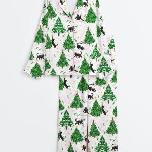 Women's Christmas Tree Cat Long Sleeve Satin Pajamas Set