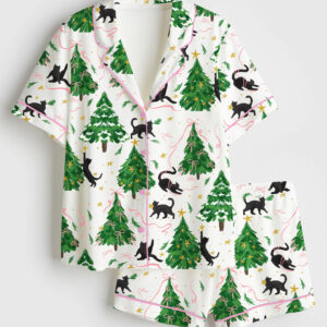 Womenâ€™s Christmas Tree Cat Short Sleeve Satin Pajama Set