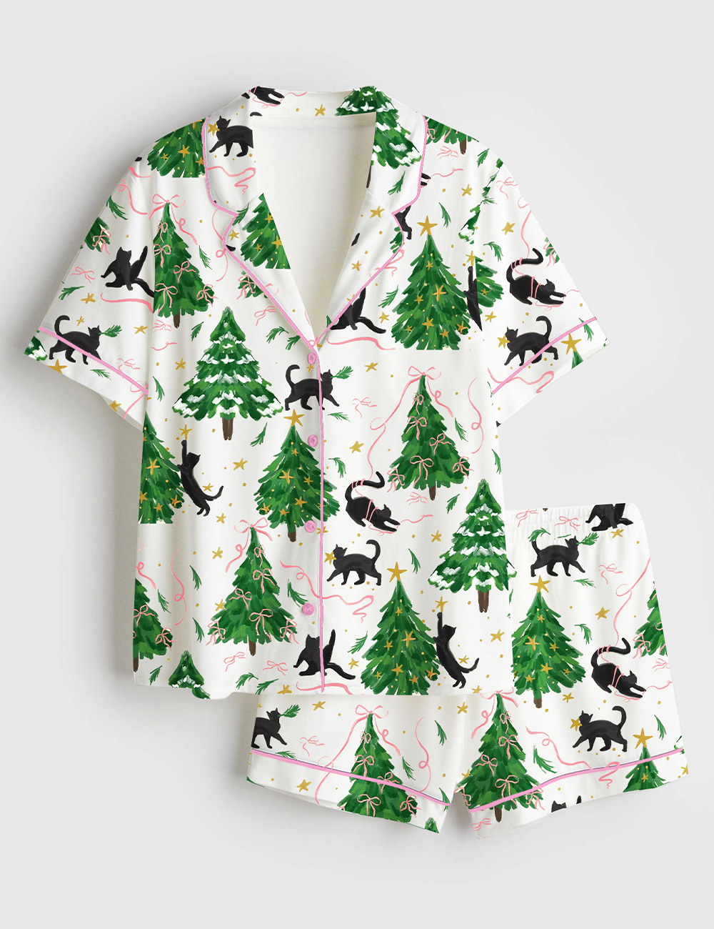 Women's Christmas Tree Cat Short Sleeve Satin Pajama Set