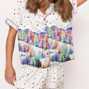 Women's Christmas Tree Forest Watercolor Satin Pajama Set