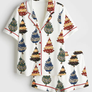 Women's Christmas Tree Magic School HP Wizard Houses Short Sleeve Satin Pajama Set