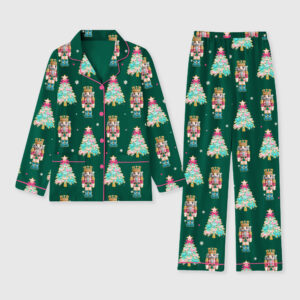 Women's Christmas Tree Nutcracker Coquette Preppy Holiday Long Sleeve Pocket Cotton Pajama Set