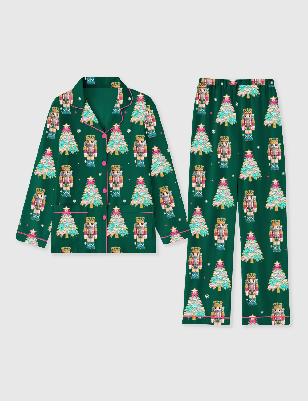 Women's Christmas Tree Nutcracker Coquette Preppy Holiday Long Sleeve Pocket Cotton Pajamas Set