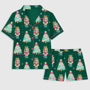 Women's Christmas Tree Nutcracker Coquette Preppy Holiday Short Sleeve Pocket Cotton Pajama Set