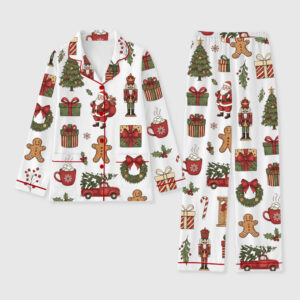 Women's Christmas Tree Nutcracker Santa Claus Hot Cocoa Gingerbread Man Holiday Long Sleeve Pocket Cotton Family Pajama Set