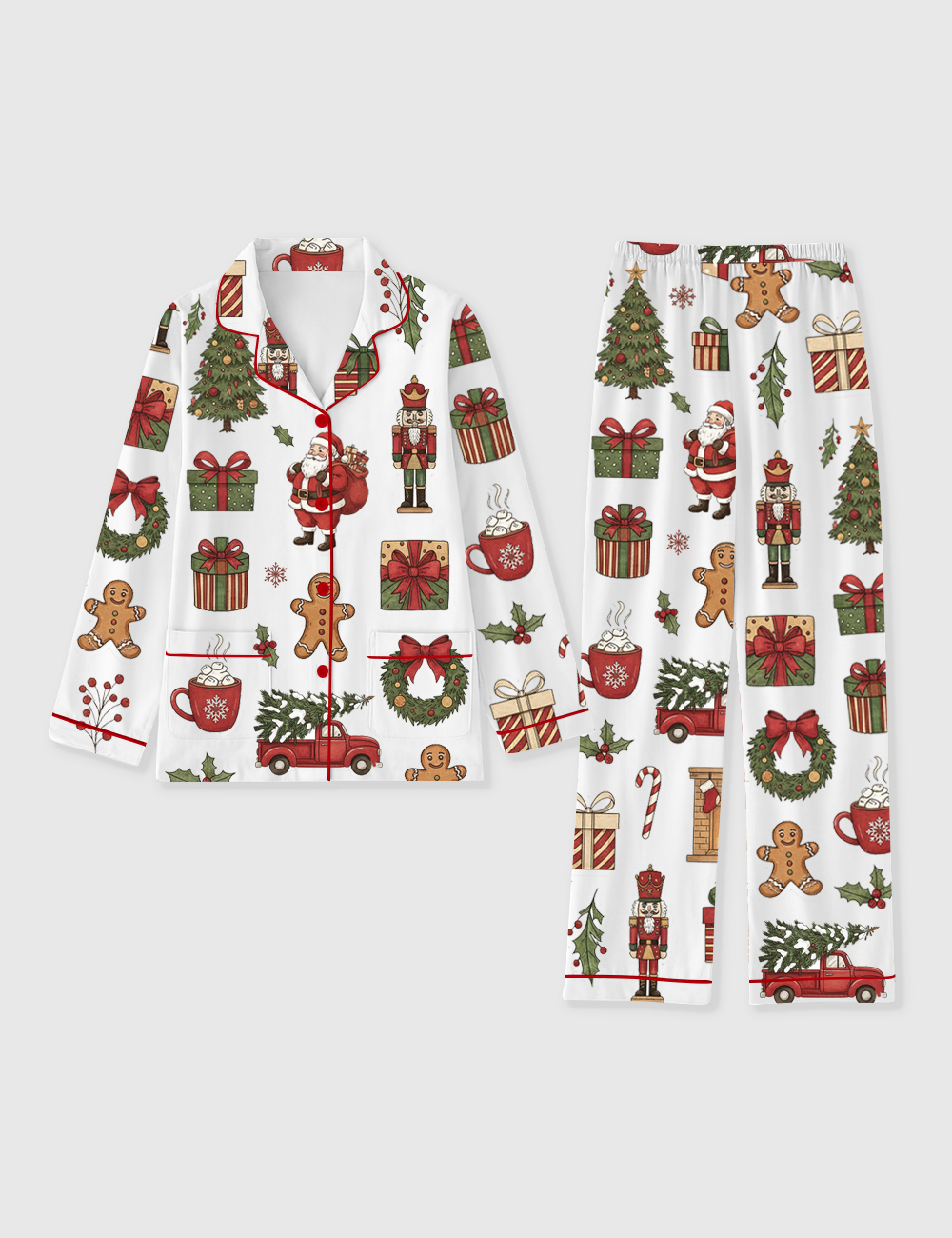 Women's Christmas Tree Nutcracker Santa Claus Hot Cocoa Gingerbread Man Holiday Long Sleeve Pocket Cotton Family Pajama Set