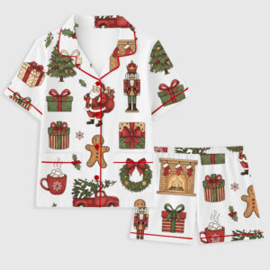 Women's Christmas Tree Nutcracker Santa Claus Hot Cocoa Gingerbread Man Holiday Short Sleeve Pocket Cotton Family Pajama Set