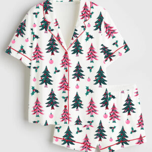 Women's Christmas Tree Short Sleeve Satin Pajama Set