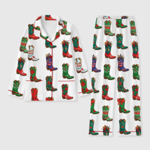 Women's Christmas Western Cowboy Boots Long Sleeve Pocket Cotton Family Pajamas Set