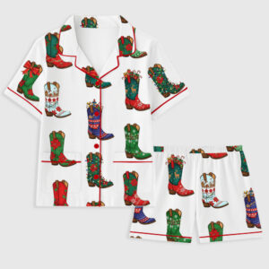 Women's Christmas Western Cowboy Boots Short Sleeve Pocket Cotton Family Pajama Set