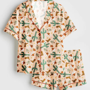 Women's Christmas Western Cowboy Boots Short Sleeve Satin Pajamas Set