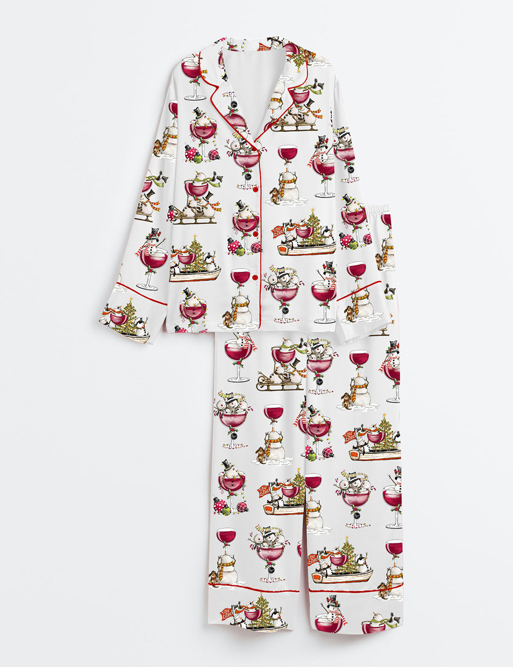 Women's Christmas Winey Snowman Long Sleeve Satin Pajamas Set
