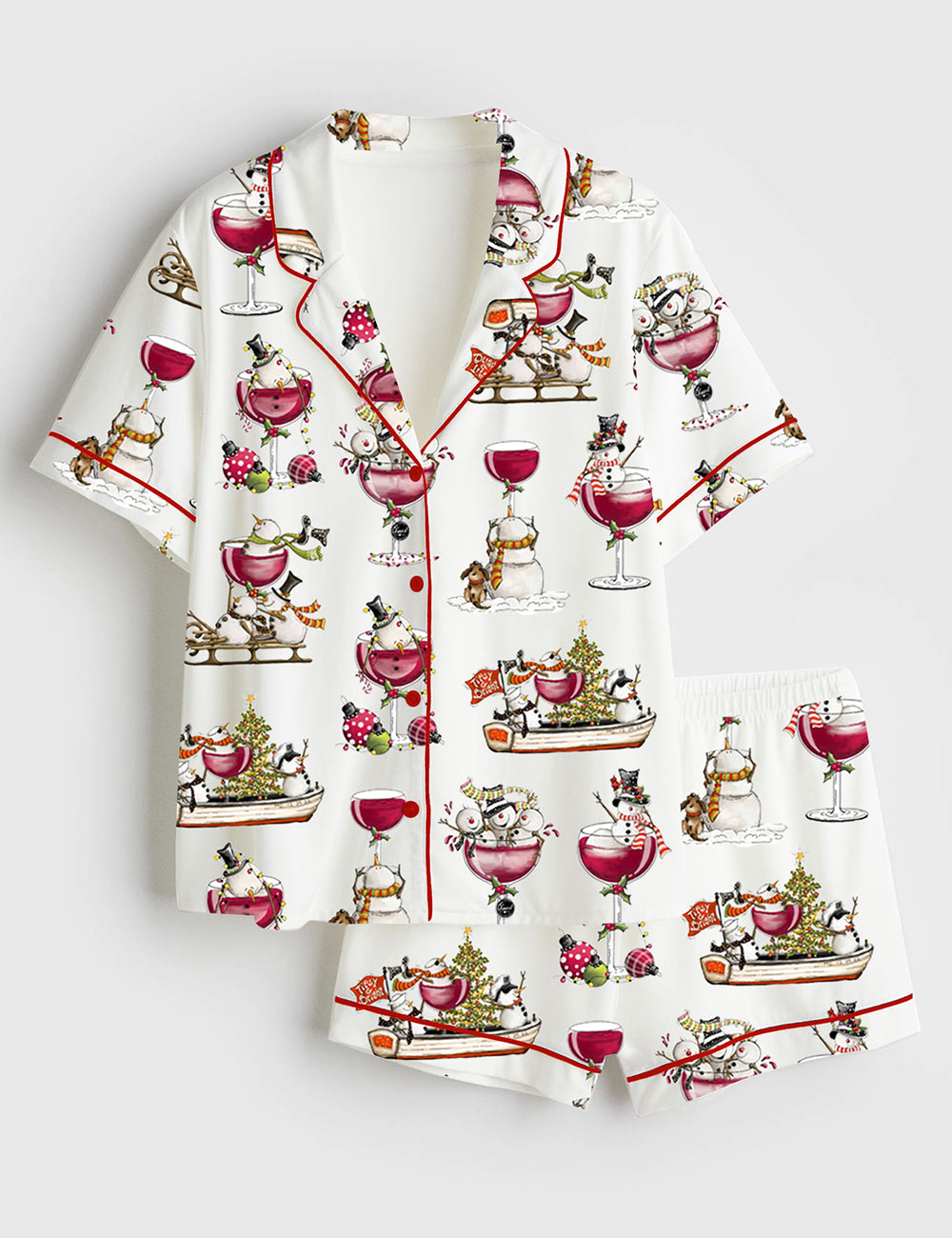 Women's Christmas Winey Snowman Short Sleeve Satin Pajama Set