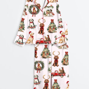 Women's Classic Christmas Dog Long Sleeve Satin Pajamas Set
