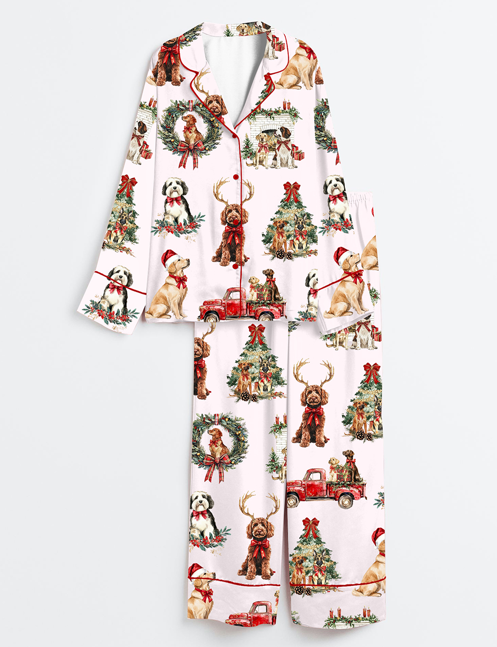 Women's Classic Christmas Dog Long Sleeve Satin Pajamas Set