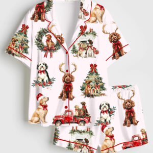 Women's Classic Christmas Dog Short Sleeve Satin Pajama Set