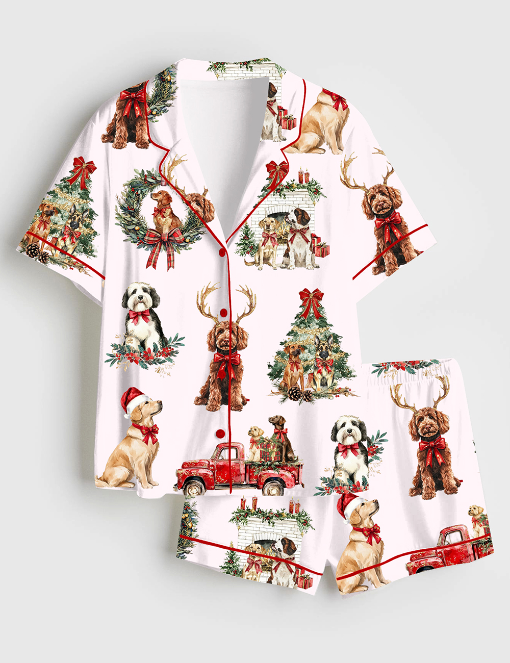 Womenâ€™s Classic Christmas Dog Short Sleeve Satin Pajama Set