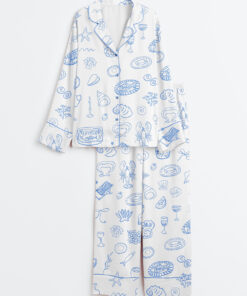 Women's Coastal Blue Italian Summer Icons Dolce Vita Hand Drawn Whimsical  Wedding Art Print Long Sleeve Satin Pajama Set