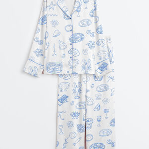 Women's Coastal Blue Italian Summer Icons Dolce Vita Hand Drawn Whimsical  Wedding Art Print Long Sleeve Satin Pajamas Set