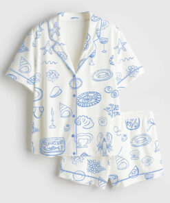 Women's Coastal Blue Italian Summer Icons Dolce Vita Hand Drawn Whimsical  Wedding Art Print Short Sleeve Satin Pajama Set