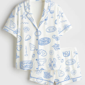 Womenâ€™s Coastal Blue Italian Summer Icons Dolce Vita Hand Drawn Whimsical  Wedding Art Print Short Sleeve Satin Pajama Set