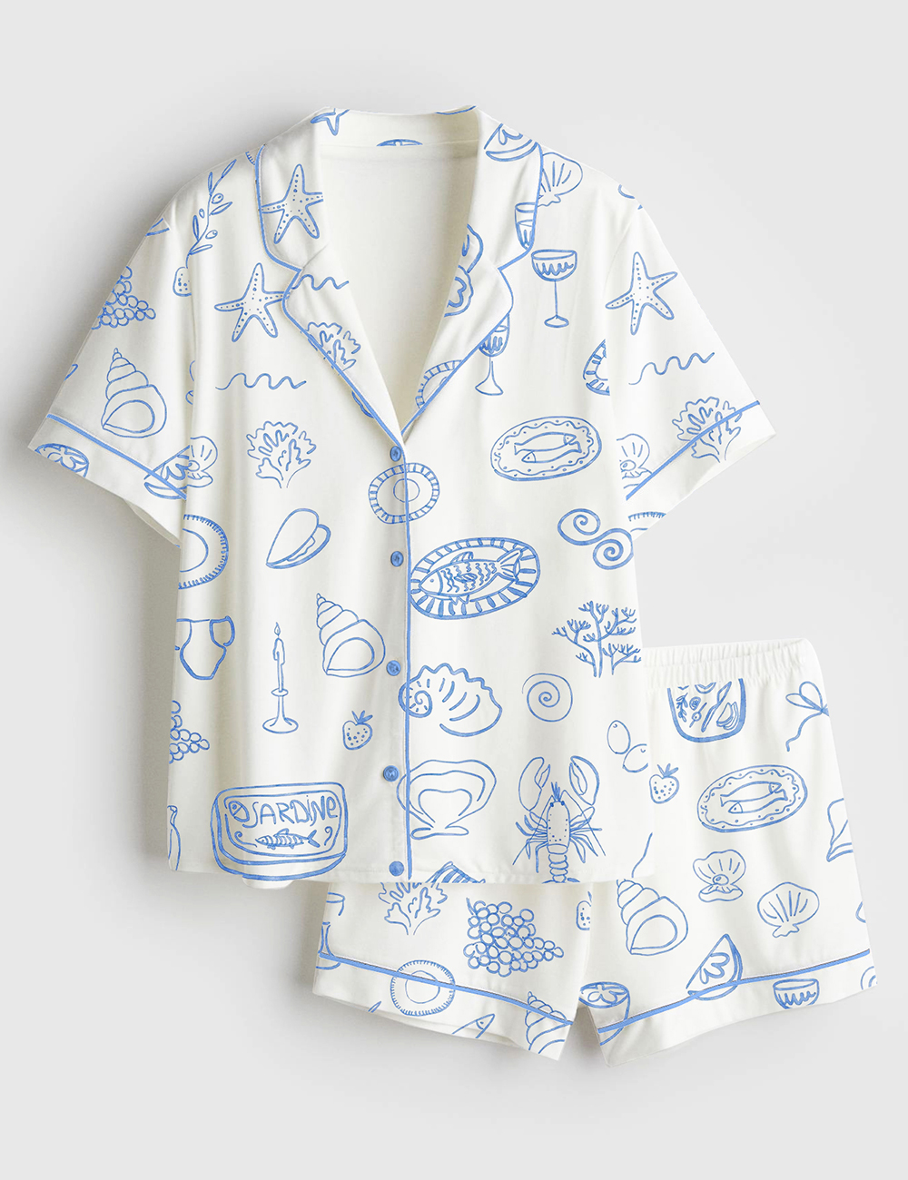 Womenâ€™s Coastal Blue Italian Summer Icons Dolce Vita Hand Drawn Whimsical  Wedding Art Print Short Sleeve Satin Pajama Set