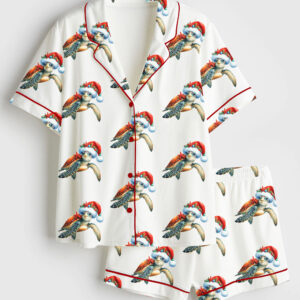 Womenâ€™s Coastal Christmas Sea Turtle Beach Holiday Short Sleeve Silky Satin Pajama Set