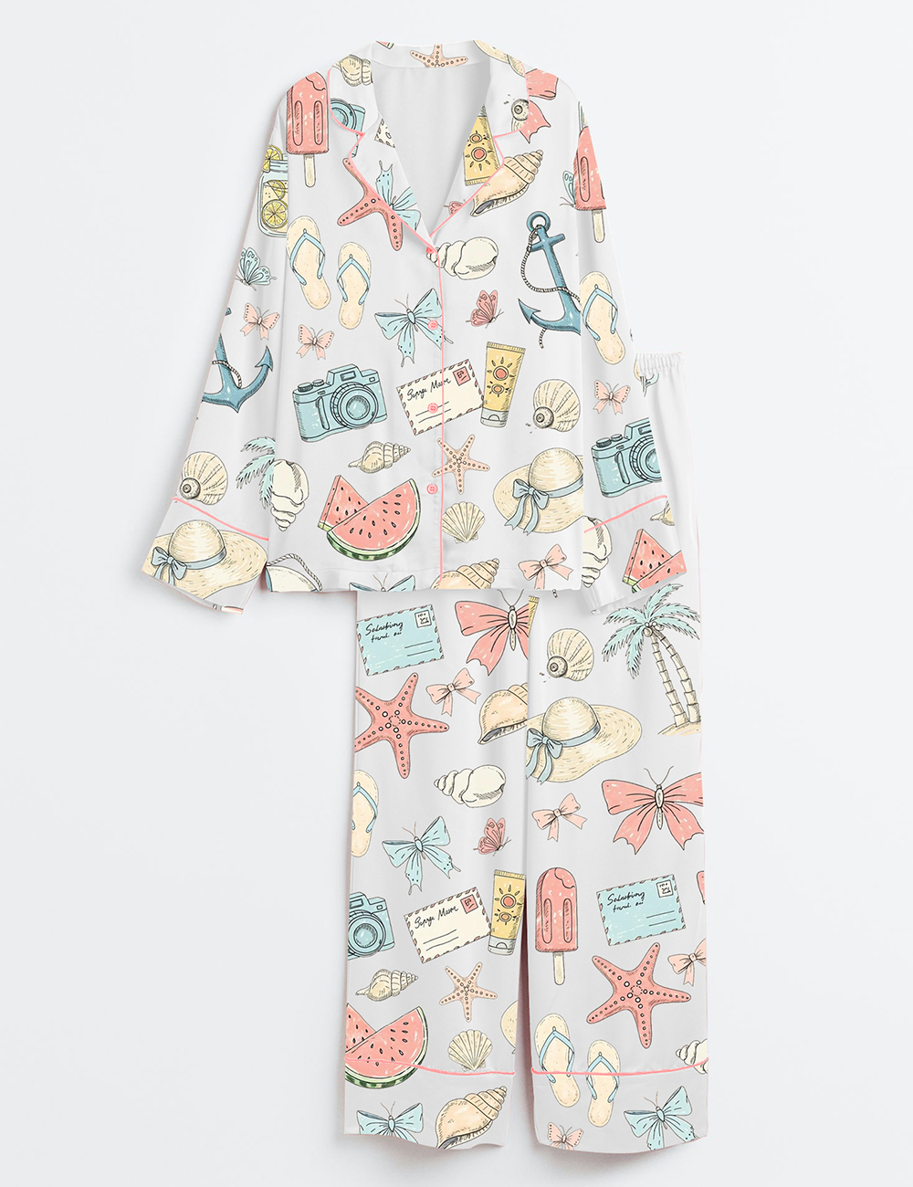 Womenâ€™s Coastal Coquette Seashell Summer Vibes Beach Print Long Sleeve Satin Pajama Set