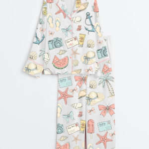 Women's Coastal Coquette Seashell Summer Vibes Beach Print Long Sleeve Satin Pajamas Set