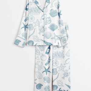 Womenâ€™s Coastal Hand Drawn Beach Ocean Elements Summer Nautical Print Long Sleeve Satin Pajama Set