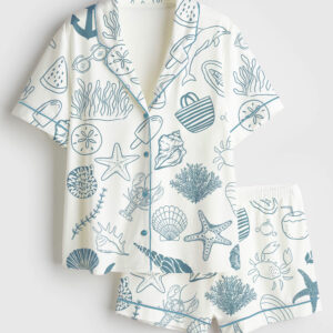 Womenâ€™s Coastal Hand Drawn Beach Ocean Elements Summer Nautical Print Short Sleeve Satin Pajama Set