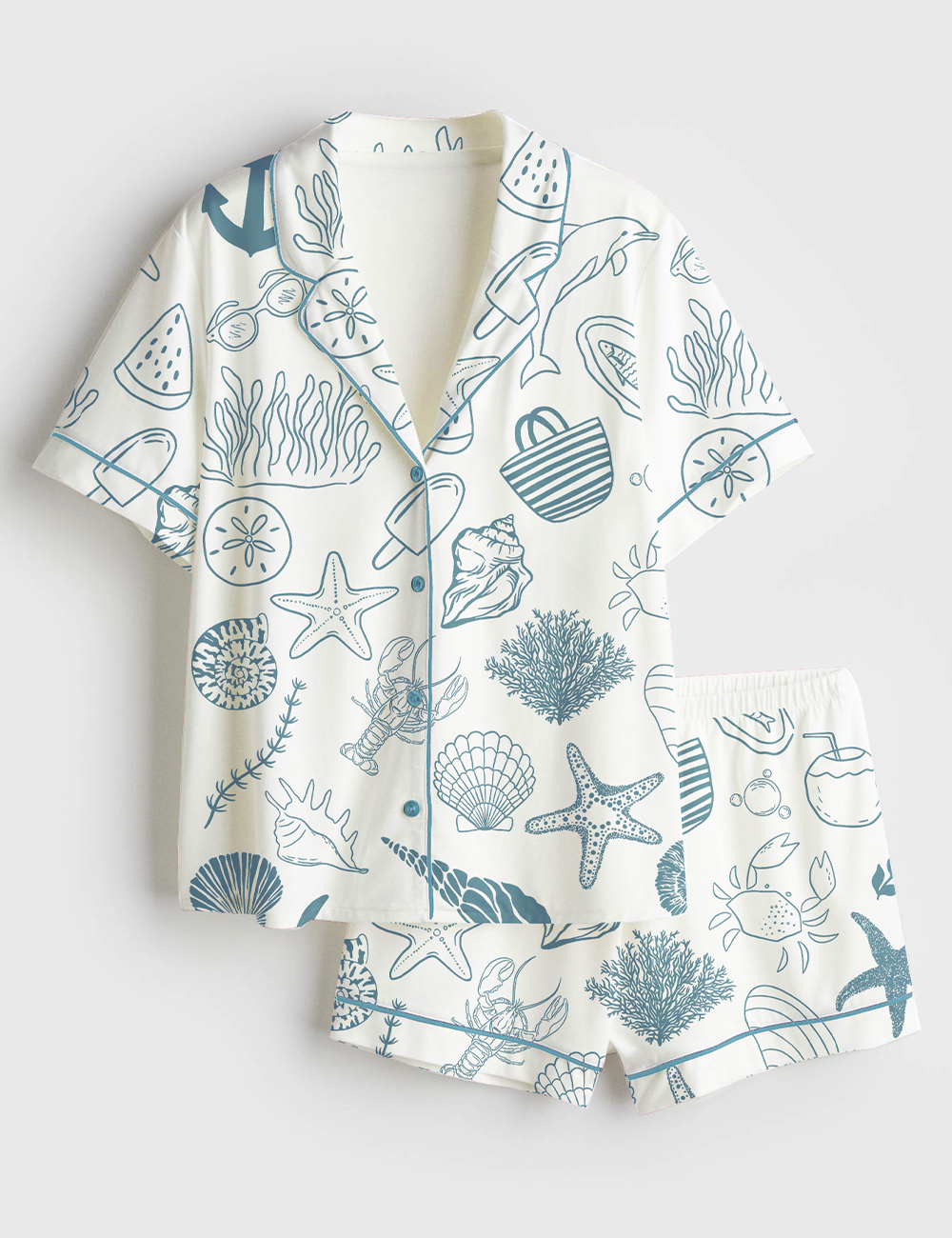 Women’s Coastal Hand Drawn Beach Ocean Elements Summer Nautical Print Short Sleeve Satin Pajama Set