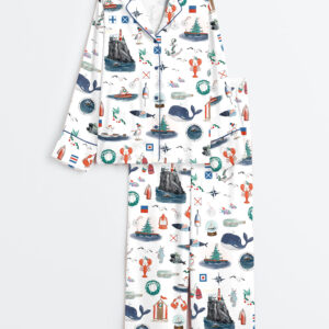 Womenâ€™s Coastal Nautical Christmas Watercolor Ocean Sea Beach Holiday Long Sleeve Satin Pajama Set