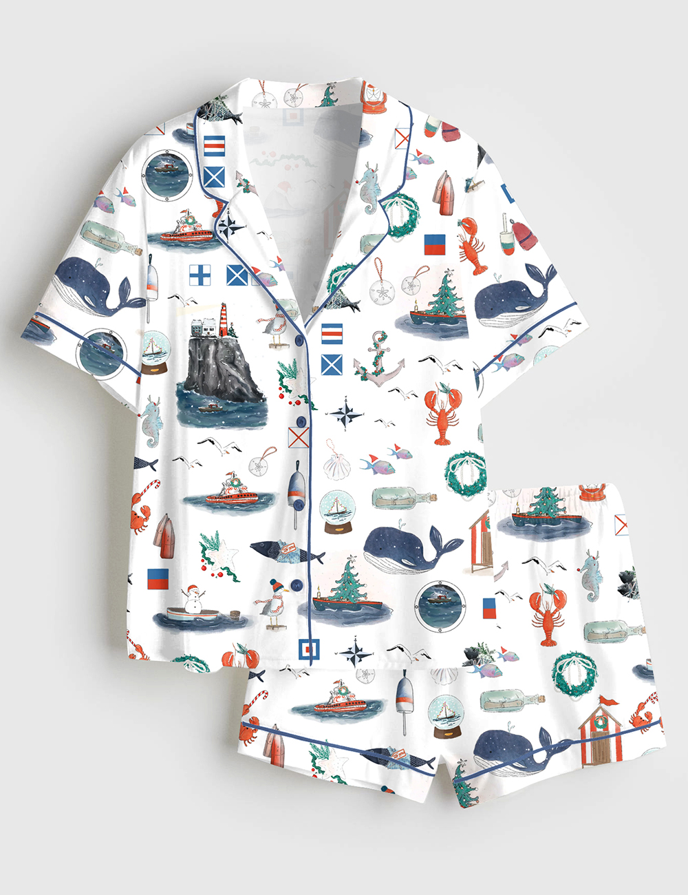 Womenâ€™s Coastal Nautical Christmas Watercolor Ocean Sea Beach Holiday Short Sleeve Satin Pajama Set