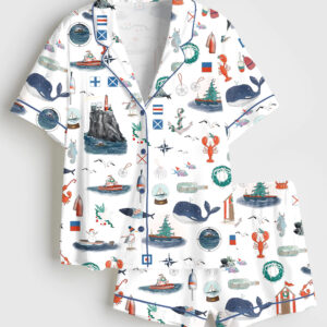 Women's Coastal Nautical Christmas Watercolor Ocean Sea Beach Holiday Short Sleeve Satin Pajama Set