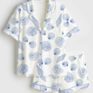 Women's Coastal Shell Summer Beach Bachelorette Short Sleeve Satin Pajama Set