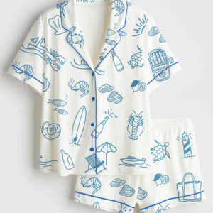 Women's Coastal Summer Beach Short Sleeve Satin Pajama Set