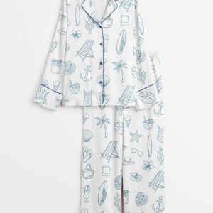 Womenâ€™s Coastal Summer Hand Drawn Nautical Beach Seaside Vacation Print Long Sleeve Satin Pajama Set