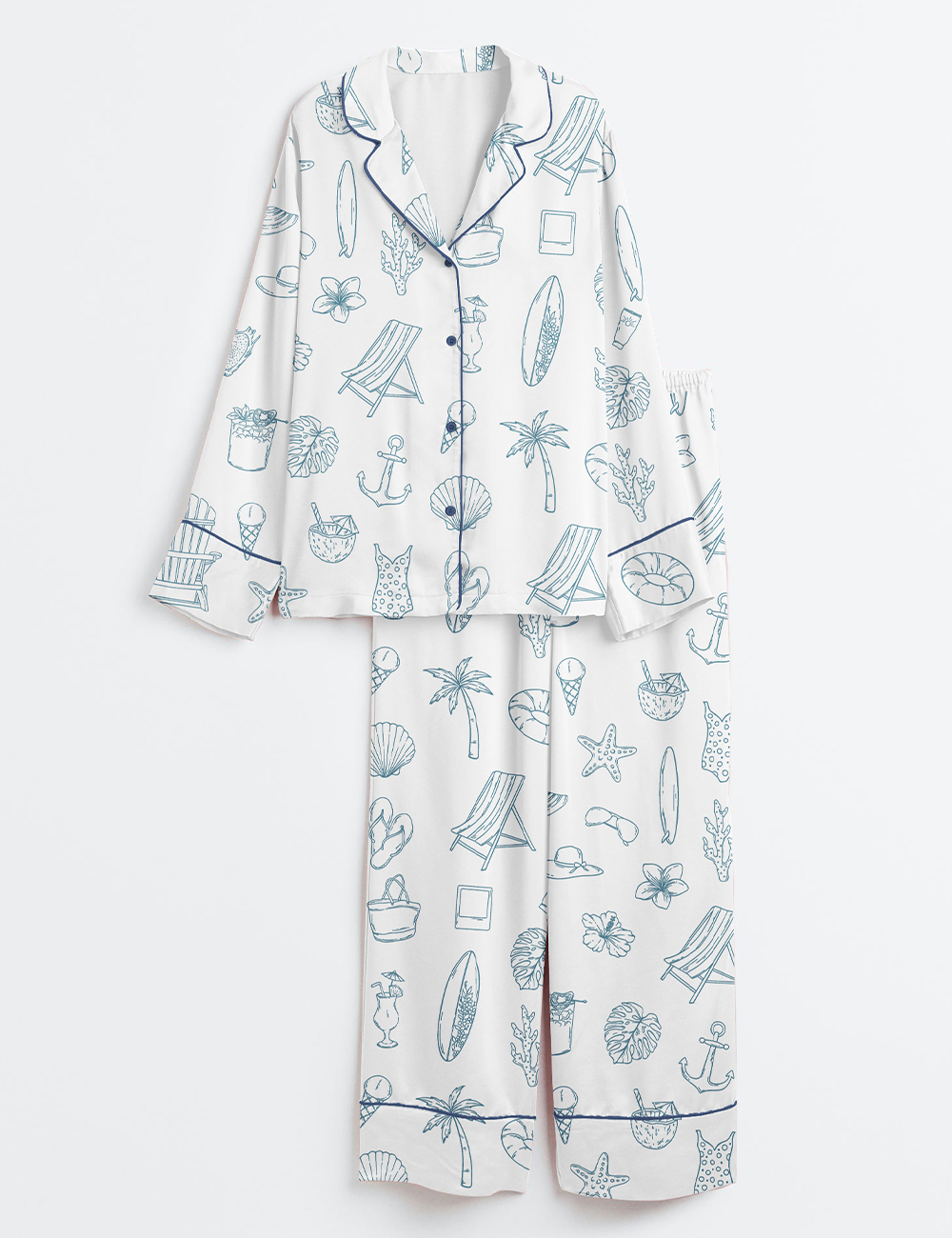 Womenâ€™s Coastal Summer Hand Drawn Nautical Beach Seaside Vacation Print Long Sleeve Satin Pajama Set