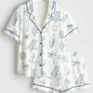 Womenâ€™s Coastal Summer Hand Drawn Nautical Beach Seaside Vacation Print Short Sleeve Satin Pajama Set