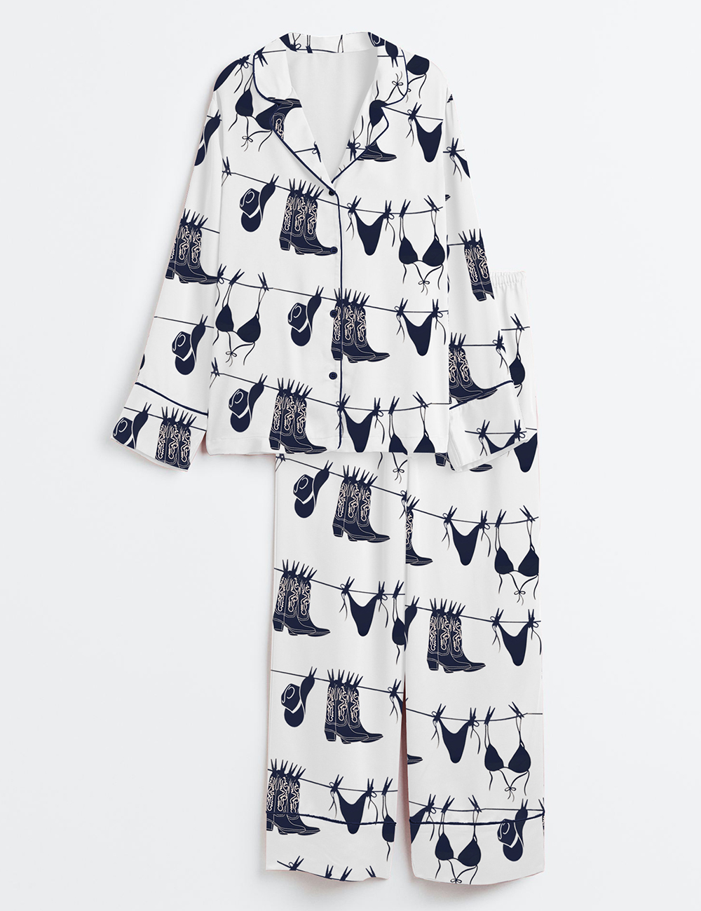 Womenâ€™s Coastal Western Cowgirl Bikini Art Print Navy Bikini Hanging Beach Print Long Sleeve Satin Pajama Set