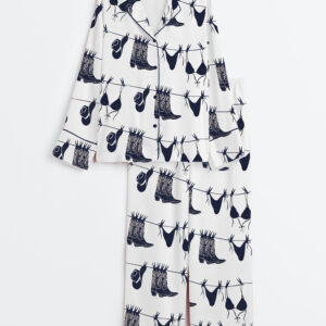 Women's Coastal Western Cowgirl Bikini Art Print Navy Bikini Hanging Beach Print Long Sleeve Satin Pajama Set