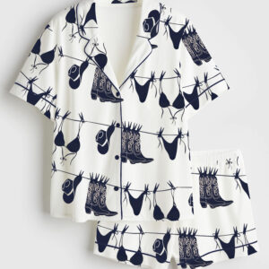 Womenâ€™s Coastal Western Cowgirl Bikini Art Print Navy Bikini Hanging Beach Print Short Sleeve Satin Pajama Set